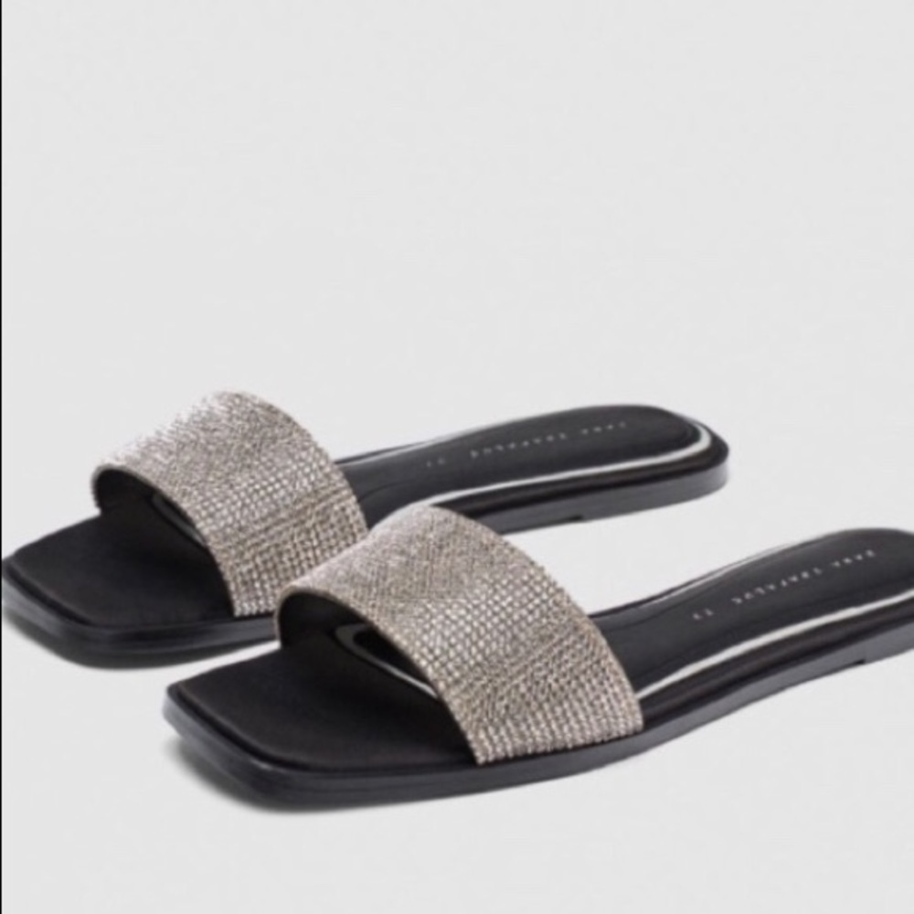 Zara Shiny Diamanté Black Slides